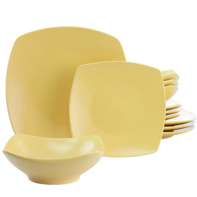 12-Piece Square Ceramic Dinnerware Set in Matte Yellow – Microwave & Dishwasher Safe Plates and Bowls for Everyday Dining
