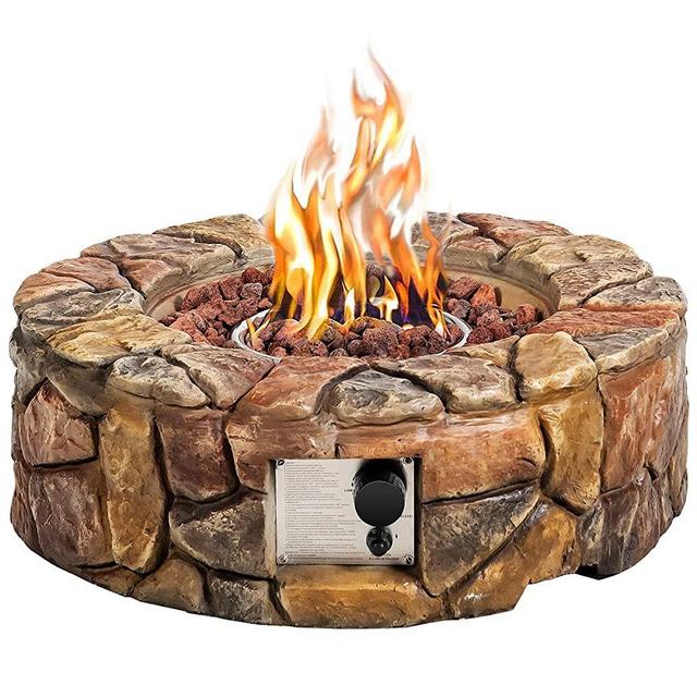 Giantex Gas Fire Pit, 28 Inch 40,000 BTU Propane Fire Pit Outdoor w/ Natural Stone, Cover, ETL Certification, Stainless-Steel Gas Burner w/ Electronic Ignition Lava Rock (Brown)