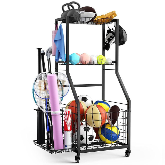 DUDUXI Sports Equipment Garage Organizer,Garage Ball Storage Rack for Sports with Wheels-Upgraded 3 Layers Sports Organizer Rack Outdoor Basketball Racks for Balls with Holder and Hooks