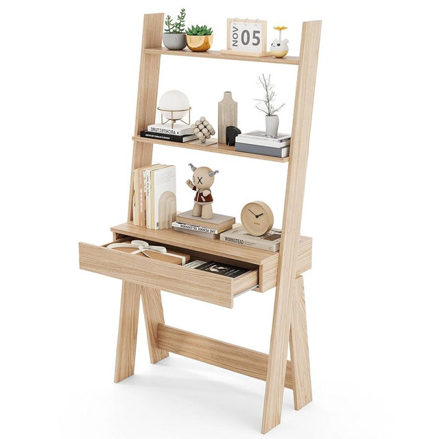 Giantex 3 Tier Ladder Desk with Drawer, 33" Width Ladder Shelf with Anti-Tipping Device, Freestanding Bookshelf, Natural Leaning Computer Desk with Shelves for Small Space
