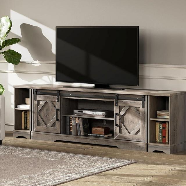 WAMPAT Modern Farmhouse TV Stand for up to 85" TVs Wood Entertainment Center with Open Storage for Living Room,Rustic Grey