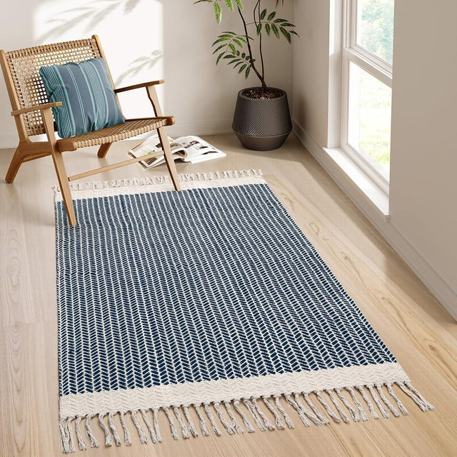 Lahome Boho Bedroom Rug, 3x5 Kitchen Rug Lightweight Rugs for Entryway Living Room Woven Washable Area Rug with Tassels, Farmhouse Navy Blue Throw Rugs Non Shedding Floor Carpet for Living Bedroom