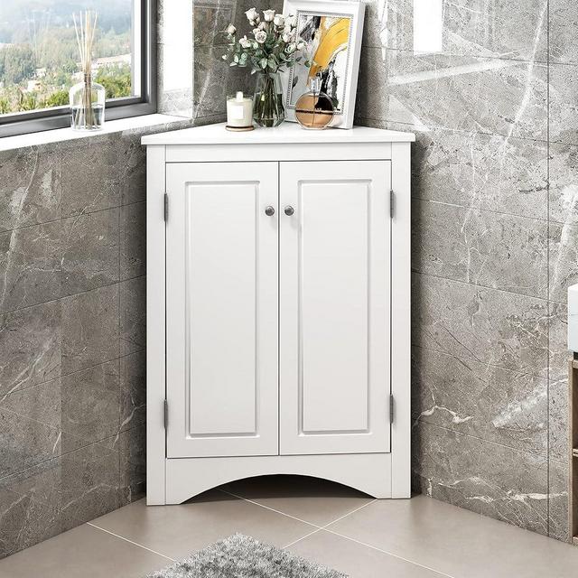 Bellemave Corner Storage Cabinet with 2 Doors and 2 Tier Adjustable Shelves, Freestanding Floor Bathroom Cabinet Short Corner Cabinets for Bathroom, Living Room (White)