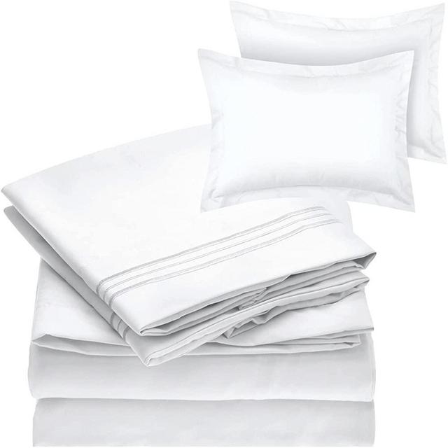 Mellanni Bed Sheet Set + 2 Pillow Shams Bundle&Save - Hotel Luxury 1800 Bedding Sheets & Pillowcases - Bundle Includes: 4pcs Bed Sheet Set and 2 Pillow Shams with 2" Flange (Queen, White)