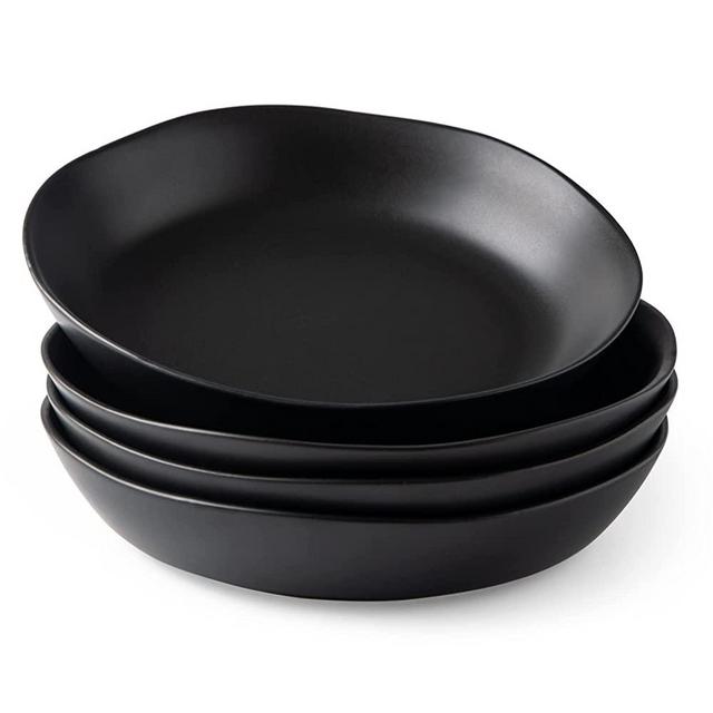 AmorArc 38oz Large Pasta Bowls Set, 9.75'' Ceramic Salad Bowls Set of 4 for Kitchen, Wide and Shallow Bowls Set, Chip-resistant Serving Bowls with Wavy Rim, Microwave and Dishwasher Safe, Matte Black