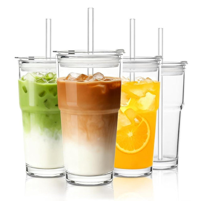 INSETLAN 20oz Glass Tumbler with Glass Straw and Lid, Set of 4 - Thickened Ice Coffee Cup, Glass Cup with Lid and Straw for Smoothie, Tea, Milk, Whiskey, Water and More – Elegant & Durable