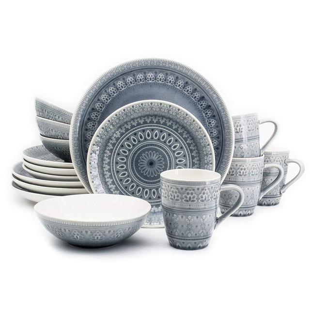 Euro Ceramica Fez Collection 16 Piece Ceramic Reactive Crackleglaze Dinnerware Set, Service for 4, Teardrop Mandala Design, Gray