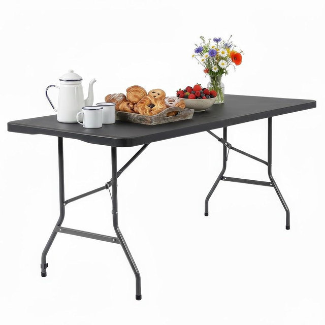 FDW 6FT Folding Table, Portable Fold-in-Half Plastic Picnic Party Table with Carrying Handle （Black, 6FT）