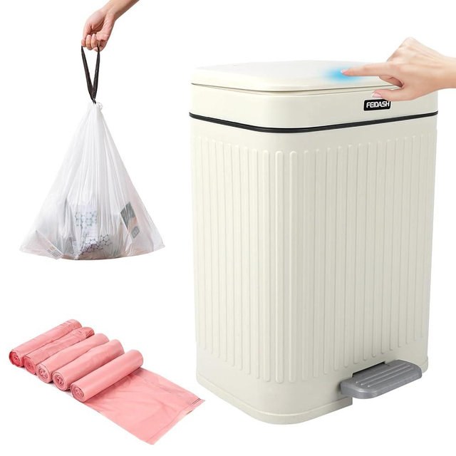 JWKDXH 2.1 Gallon Small Trash Can with Lid, 2 Opening Ways (Press Top & Foot Pedal) Soft Close Slim Waste Bin + 75 Trash Bags Included, for Bathroom, Office, Bedroom & Kitchen - Cream