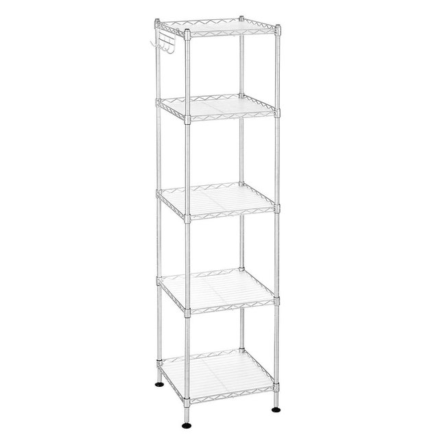 SONGMICS Bathroom Shelf, Storage Rack for Small Space, Total Load Capacity 220 lb, 11.8 x 11.8 x 48.6 Inches, with 5 PP Sheets, Removable Hooks, Extendable Design, Silver and Translucent ULGR023S01