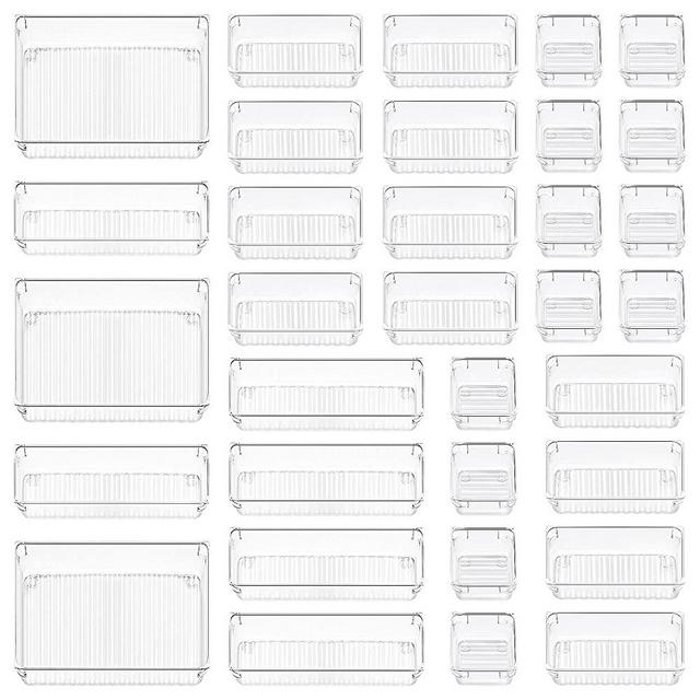 CHEFSTORY 33 PCS Clear Drawer Organizers Set, 4 Sizes Plastic Vanity Drawer Organizers and Storage Bins, Desk Drawer Organizer Trays with Non-slip Silicone Pads for Makeup,Bathroom and Kitchen