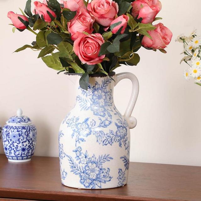 Beeveer Blue and White Ceramic Pitcher Vase Porcelain Chinoiserie Floral Vase Retro Ice Cracked Ceramic Chinese Flower Jug for Table Home Living Room Decor