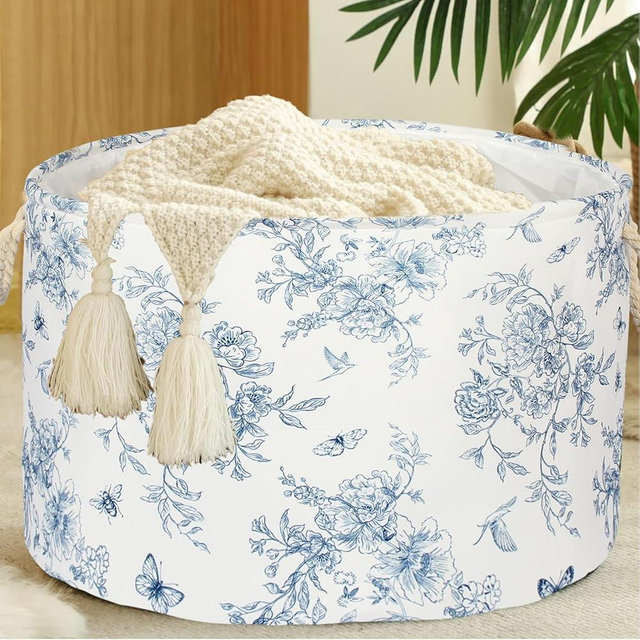 Blue Floral Nursery Bins Boxes for Toys Clothes Laundry Hamper Chinoiserie Basket with Handles Nursery Hamper Toy Box Clothe Organizer Large Capacity (Blue floral)