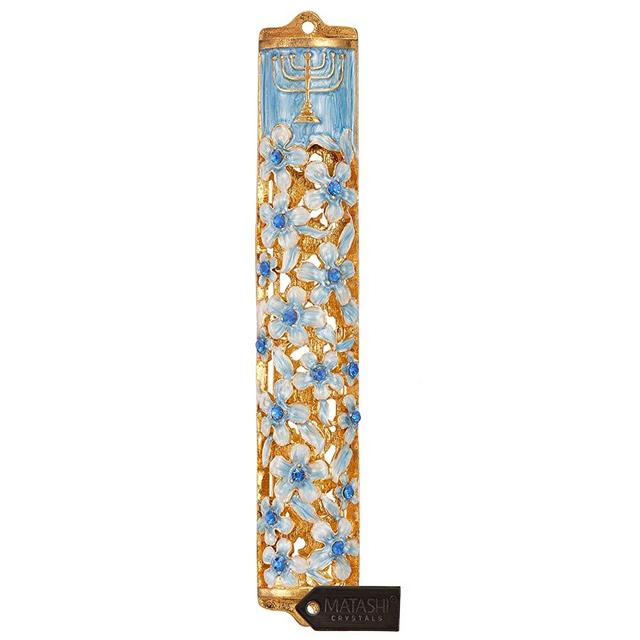 Matashi Hand Painted Blue and Ivory Enamel Flower Mezuzah Embellished with Gold Accents and Menorah Design Crystals Home Door Wall Decor Housewarming Present Gift for Festival(5.5 inch)