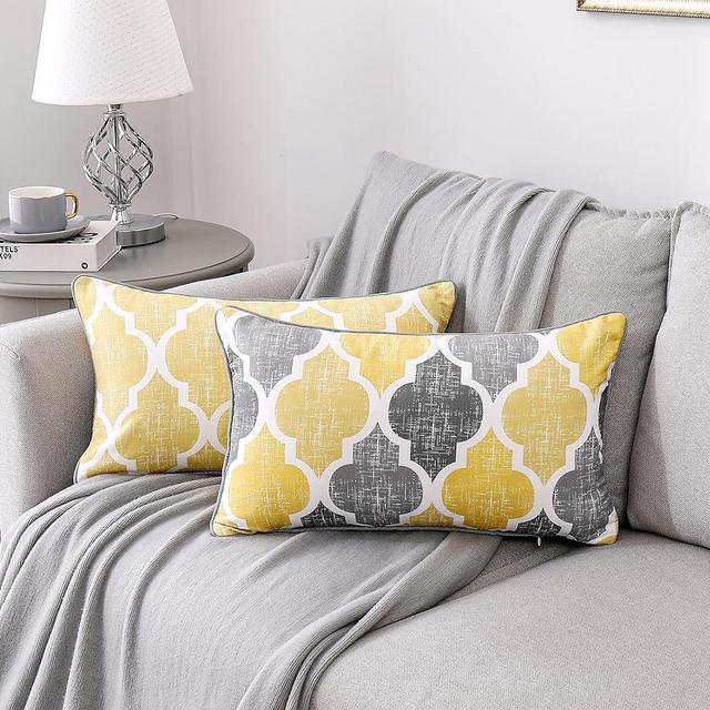 Beauoop Decorative Chenille Throw Pillow Covers with Moroccan Quatrefoil Geometric Double-Sided Print Rectangle Soft Pillow Cases for Couch, Sofa, Living Room, Bedroom, 20"x12", Set of 2, Yellow Gray