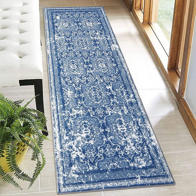 Vaukki Hallway Runner Rug, Vintage Shaggy Soft Laundry Rug Runner, Non Slip Entryway Runner Mat, Washable Farmhouse Kitchen Area Carpet for Bathroom, Entryway and Bedroom (2' X 6', Blue)