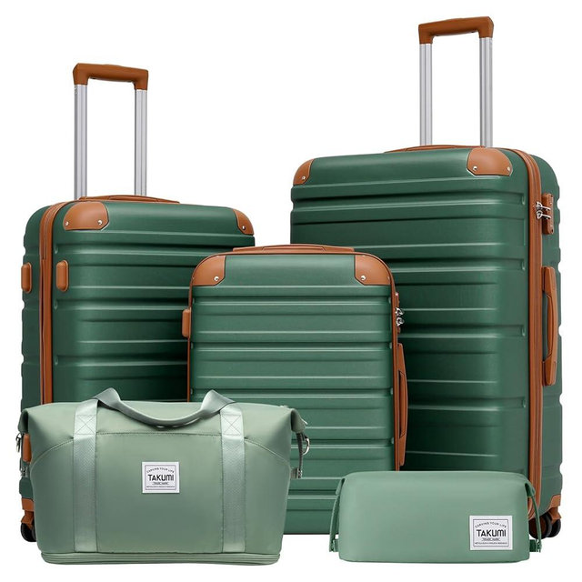 TAKUMI Luggage Set 5 Piece with Duffel Bag ABS Hardshell Suitcase Set with Double Spinner Wheels Travel Lugagge with TSA Lock Lightweight Carry On Suitcase (GREEN BROWN, 5 PIECE SET)