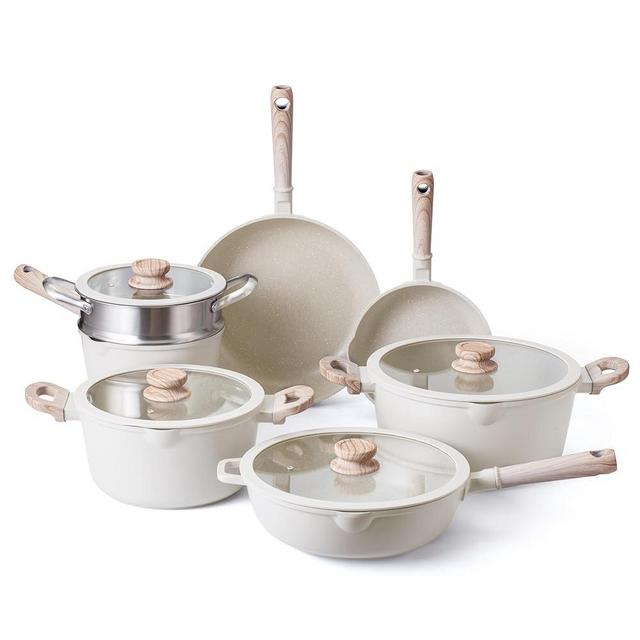 Country Kitchen 11pcs Pots and Pans Set Non Stick Cast Aluminum, Kitchen Cookware Sets, Kitchen Induction Pots and Pans Cooking Sets, Round Handle (Cream)