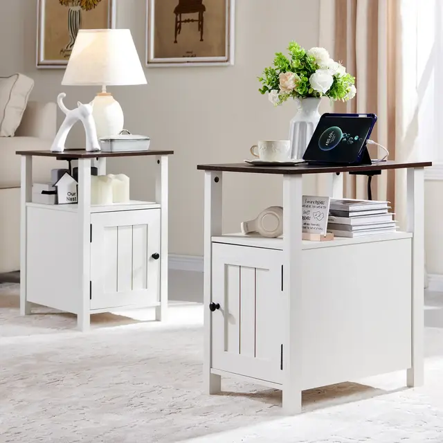 2 PCS Nightstand with Charging Station & Barn Door & Open Shelves，Farmhouse End Table for Bedroom, Living Room, White