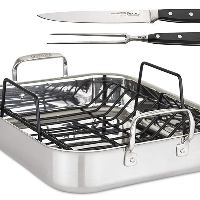 Viking Culinary 3-Ply Roasting Pan w/ Rack & Carving Set , 16" x 13" X 3", Stainless Steel (4013-9902C)