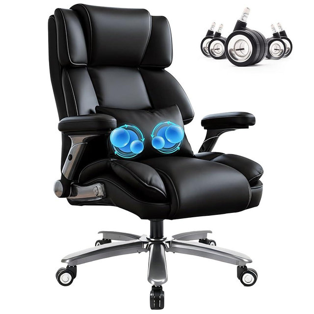750lbs Heavy Duty Desk Chair with 3D Kneading Massage, Big and Tall Office Chairs with Ergonomic Support, 4D Armrests, 5 Quiet Dual Rubber Wheel, Thick Pocket Spring Cushion(Black, PU)
