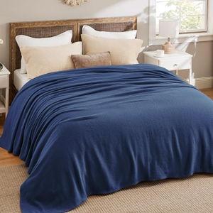 GentleSoft 100% Cotton Blanket King Size for Bed - Breathable and Lightweight, Soft Cozy Textured Herringbone Woven Blanket for Summer, Navy Blue, 108x90 inches