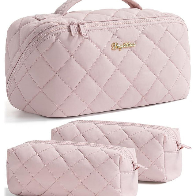 Travel Makeup Bag, 3 Pcs Large Capacity Puffy Toiletry Bag for Women, Open Flat Make up Cosmetic Organizer w/Handle & Clear Divider Water-resistant Portable Pouch Travel Essentials, L-Light Pink