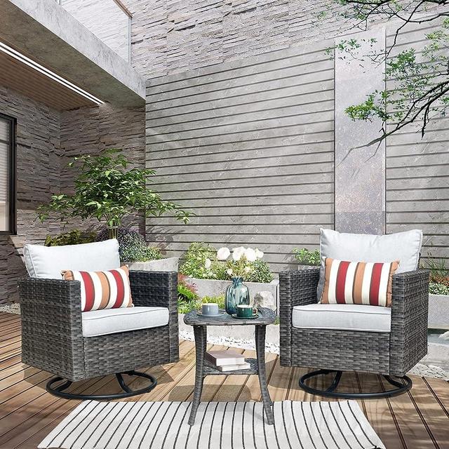 ovios Patio Bistro Set 3 PCS Outdoor Swivel Rocking Chairs 360 Degree Rotating Wicker Chairs with Side Table High Back Patio Chairs Set for Porch, Deck, Garden, Balcony (Grey)