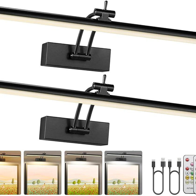 Yuichoy 2 Pack Picture Lights for Wall Battery Operated, 16 inch Wireless Art Lighting for Painting, 6 Colors Picture Frame Lights with Remote, Dimmable 5200mAh Gallery Light, Black