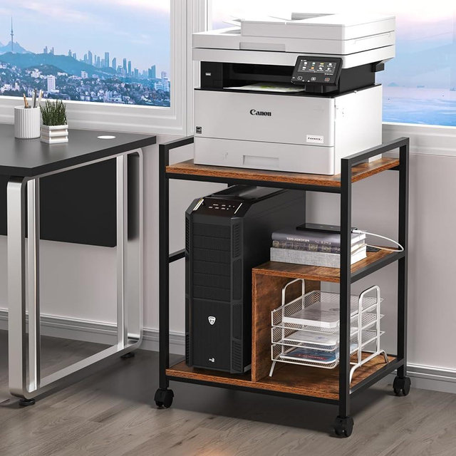 Lerliuo Printer Stand with Charging Station and USB Ports, Large 3-Tier Mobile Printer Table with Storage Shelf, Brown Rolling Industrial Printer Cart with Lockable Wheels for Home Office
