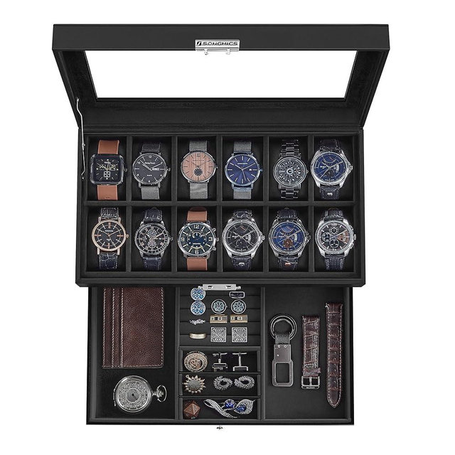 SONGMICS 12-Slot Watch Box, Lockable Watch Case with Glass Lid, 2 Layers, with 1 Drawer for Rings, Bracelets, Gift Idea, Black Synthetic Leather, Black Lining UJWB012B03