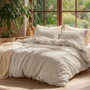 Bedsure 100% Washed Cotton Duvet Cover Queen Size - Oatmeal Minimalist Cotton Duvet Cover Linen Like for All Seasons - GentleSoft™ Plain Simple Bedding (Oatmeal, Queen, 90"x90")