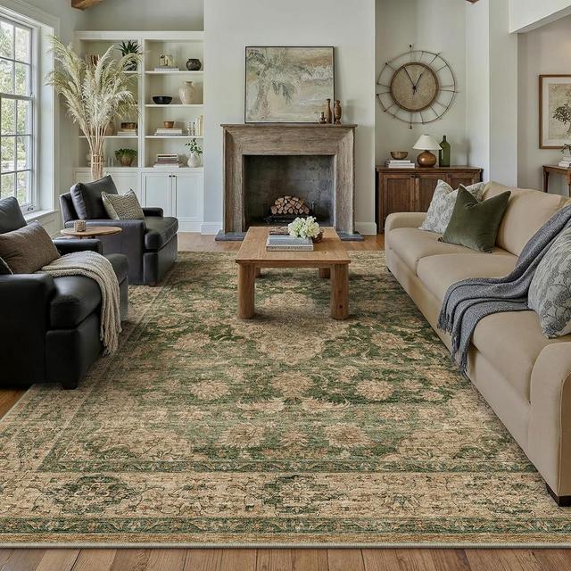 HUGEAR Retro Green Area Rug 9x12 Machine Washable Living Room Rugs Distressed Vintage Floral Low Pile Carpet Bedroom Office Dining Room Laundry Room Non Slip Soft Lightweight