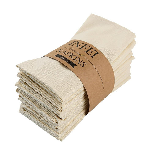INFEI Solid Color Cotton Blended Dinner Cloth Napkins - Set of 12 (17 x 17 inches) - for Events & Home Use (Beige)