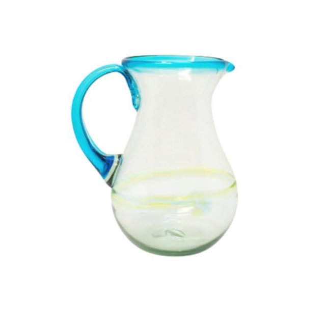MyCajita Authentic Hand Blown Glass Margarita Pitcher, Aqua-rimmed Mexican Glassware with Thick Body and Sturdy Handle, Dishwasher-safe and Eco-friendly, 2.5 Liter Capacity