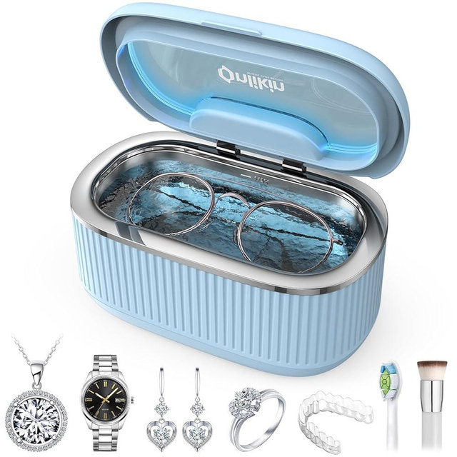 onlikin 45KHz Ultrasonic Jewelry Cleaner, 5 Timer & 3 Power Modes, 35W Retainer Cleaner for Jewelry, Eyeglasses, Rings, Watch Strap, Dentures - Quiet <38dB, 20oz, 304 Stainless Steel Tank(Blue)
