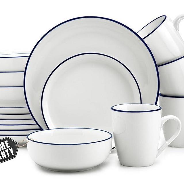 Zulay Kitchen Nova Porcelain Dinnerware Set, Service For 4 - Chip & Scratch Resistant White Plates And Bowls Sets - Microwave & Dishwasher Safe - White With Blue Rim