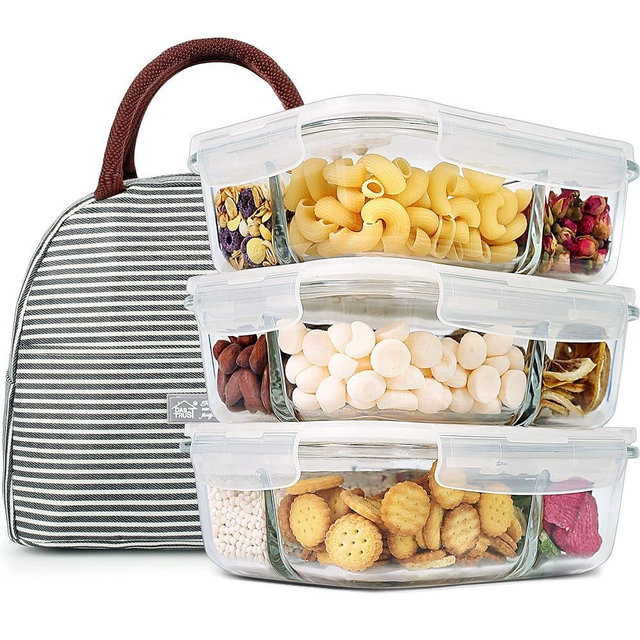 DAS TRUST 3 Pack 36oz Bento Box Glass Meal Prep Containers 3 Compartment Glass Food Storage Containers with Lids Lunch Box Meal Prep Bowls Glass Food Prep Containers Lunch Container Oven Safe