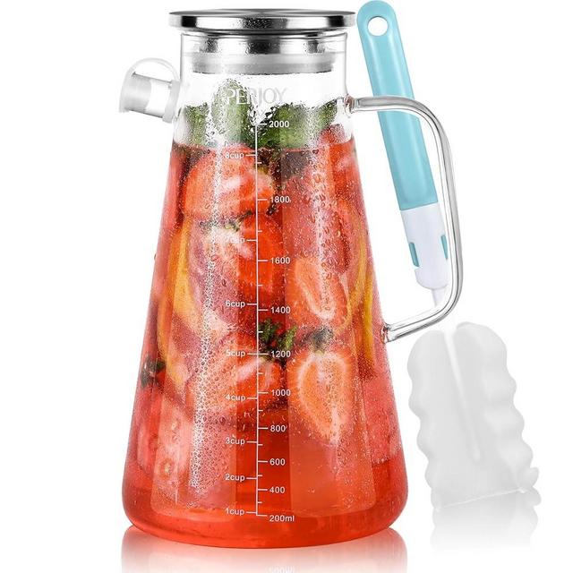 Perjoy Glass Pitcher with Lid, 68 oz Leak Proof Hot/Cold Water Pitcher, Lemonade, Juice, Coffee, Sun Tea and Iced Tea Pitcher for Drinks, Borosilicate Beverage Carafe Jug