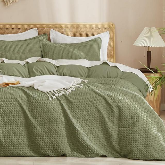 PHF Waffle Weave Duvet Cover Set King Size, No Snagging Ultra Soft Luxury Textured Breathable Comforter Cover for All Season 3pcs, Durable Bedding Duvet Set with 2 Pillow Shams, 104"x90", Olive Green