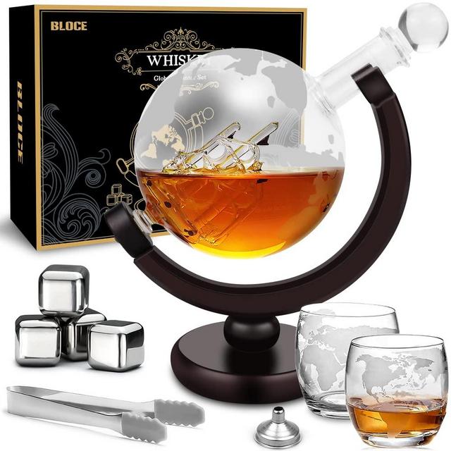 BLOCE Whiskey Decanter Sets for Men with Glasses, Etched World Globe Whiskey Gifts for Dad with 2 Glasses, 4 Ice Cubes Set, Dad Birthday Gift for All Kinds of Alcohol Drinks and Vodka