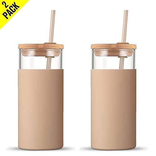 Tronco 20oz Glass Tumbler Glass Water Bottle Straw Silicone Protective Sleeve Bamboo Lid - BPA Free (Amber/ 2-Pack)