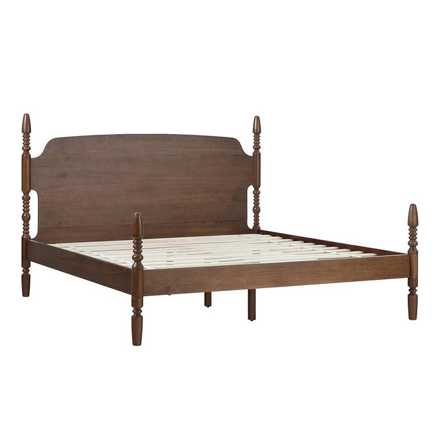 Walker Edison EZ Assembly™ Traditional Solid Wood King Spindle Post Bed, No Box Spring Bed Frame, Modern Farmhouse Bed, King Size, Dark Brown