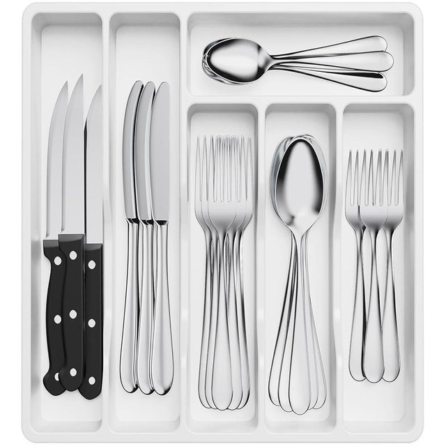 Lifewit Silverware Drawer Organizer Tray, Plastic Cutlery Storage for Kitchen Drawer, Flatware and Utensil Holder Divider for Spoons Forks Knives Tableware, 6 Compartment, White