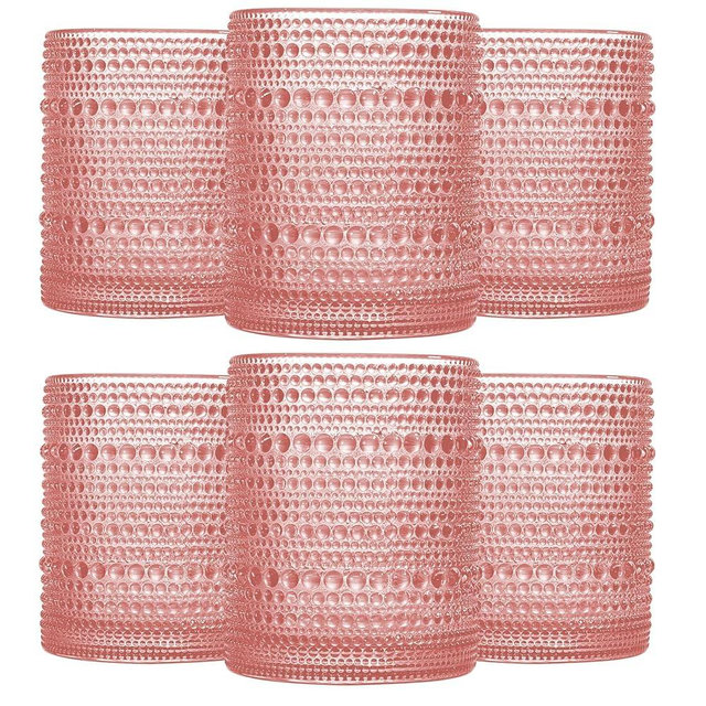 JOVGANK Pink Vintage Hobnail Drinking Glasses Set of 6, Embossed Water Tumbler 12oz, Kitchen & Bar Beaded Glass Cups, Beverage Glass Cups for Water, Beer, Juice, Cocktail Glassware, Pink