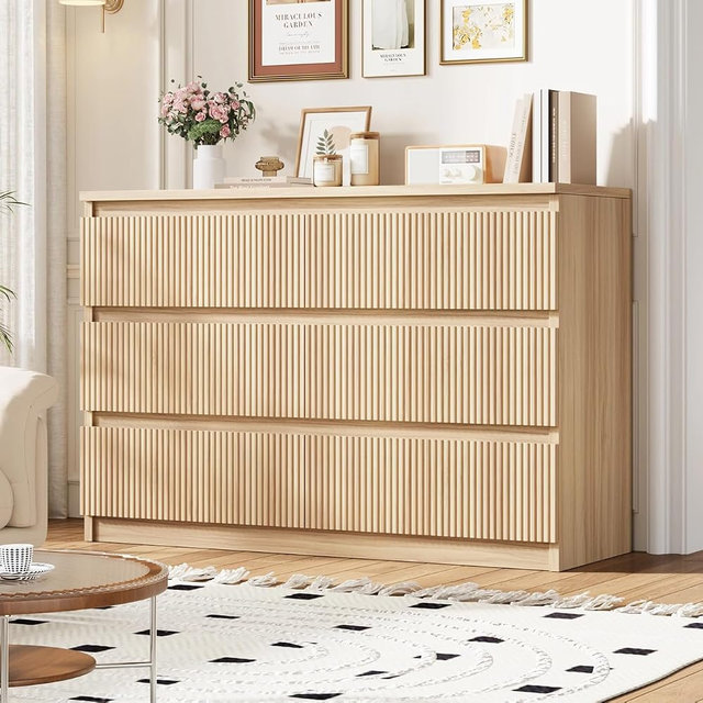 Jocoevol 6 Drawer Fluted Dresser, Modern Chest of Drawers for Bedroom with Hidden Handles, Wood Storage Organizer Cabinet for Living Room & Entryway, Natural Oak (15.7" D x 47.3" W x 31.6" H)