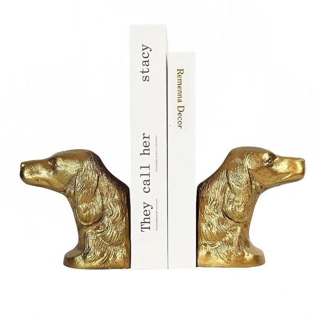 Remenna Decorative Bookends for Shelves, Gold Dog Heavy Bookends for Heavy Books, Vintage Book Ends Unique Cast Iron Bookends for Home Office Decor 4.8Lbs