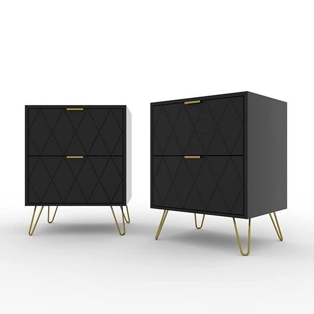 ANBUY Black Nightstand, End Side Table, Mid Century Modern Bedside Table with 2 Drawers Night Stand Metal Legs for Bedroom Living Room