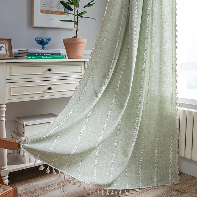 Sutuo Home Boho Curtains for Bedroom Living Room 63 Inch Length, Light Filtering French Country Farmhouse Vintage Chic Tassels Window Treatment Bohemian Drape, 1 Panel 52" W x 63" L, Sage Green