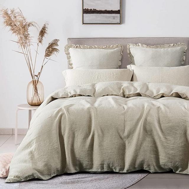 David’s Home Linen Duvet Cover Set Queen Size, 100% Washed Flax French Linen 3PCS Breathable Bedding Set, Basic Style Comforter Cover in Solid Color, 90”x 92”, Linen